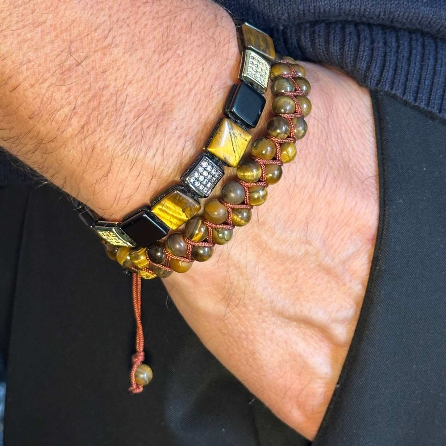 Pulsera doble de piedras redondas OJO DE TIGRE para hombre