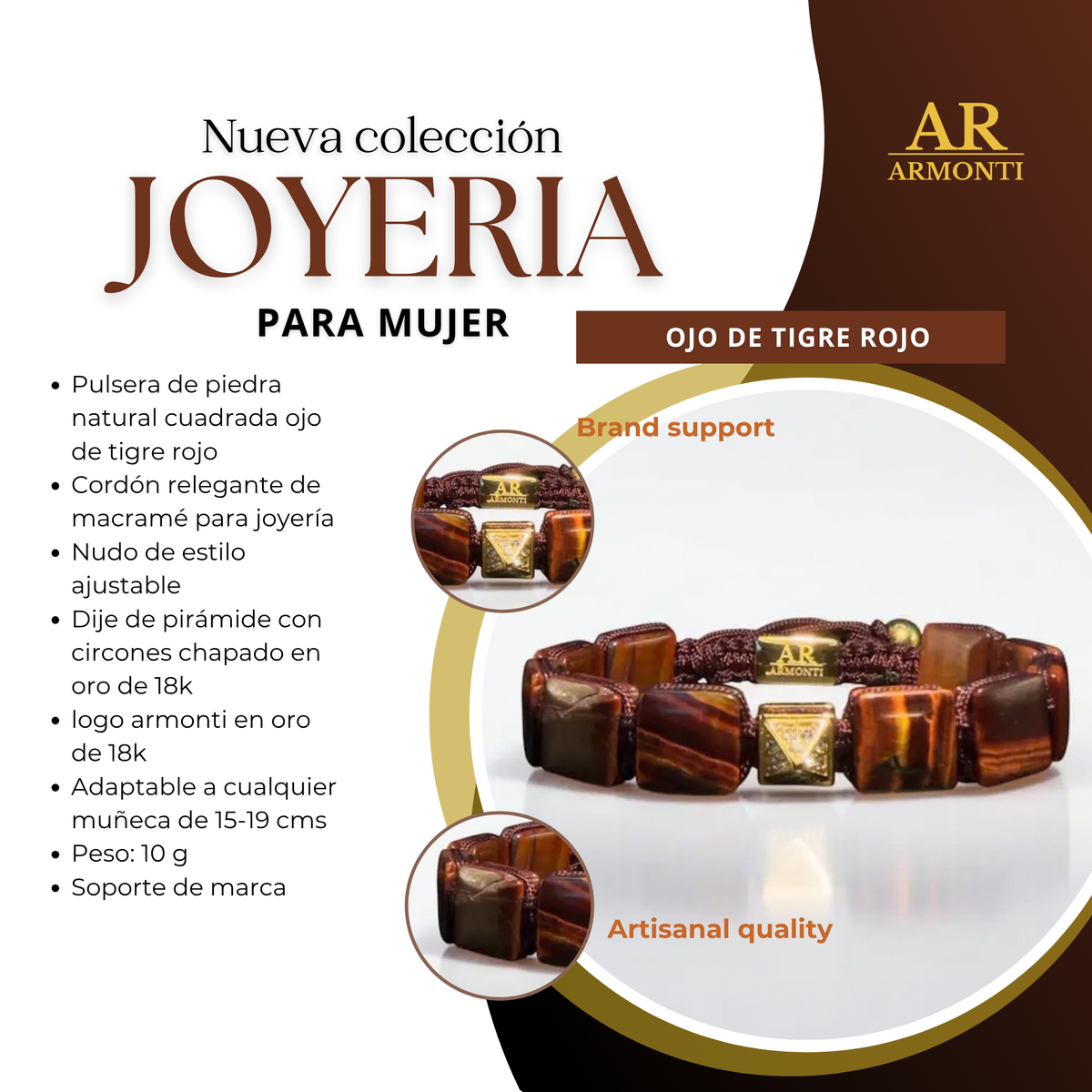 Pulsera ojo de tigre rojo cuadrada oro 18k para mujer