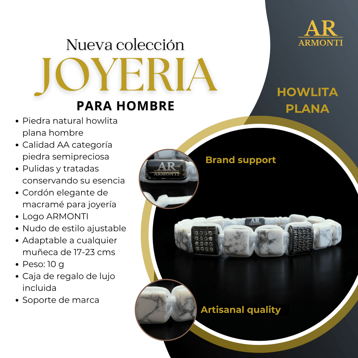 Pulsera Howlita cuadrada hombre - Pulsera de howlita hombre - ARMONTI