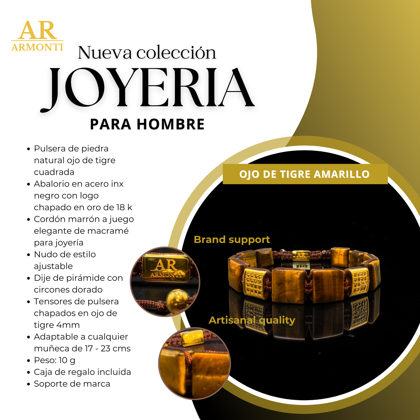 Pulsera OJO DE TIGRE amarilla cuadrada para hombre