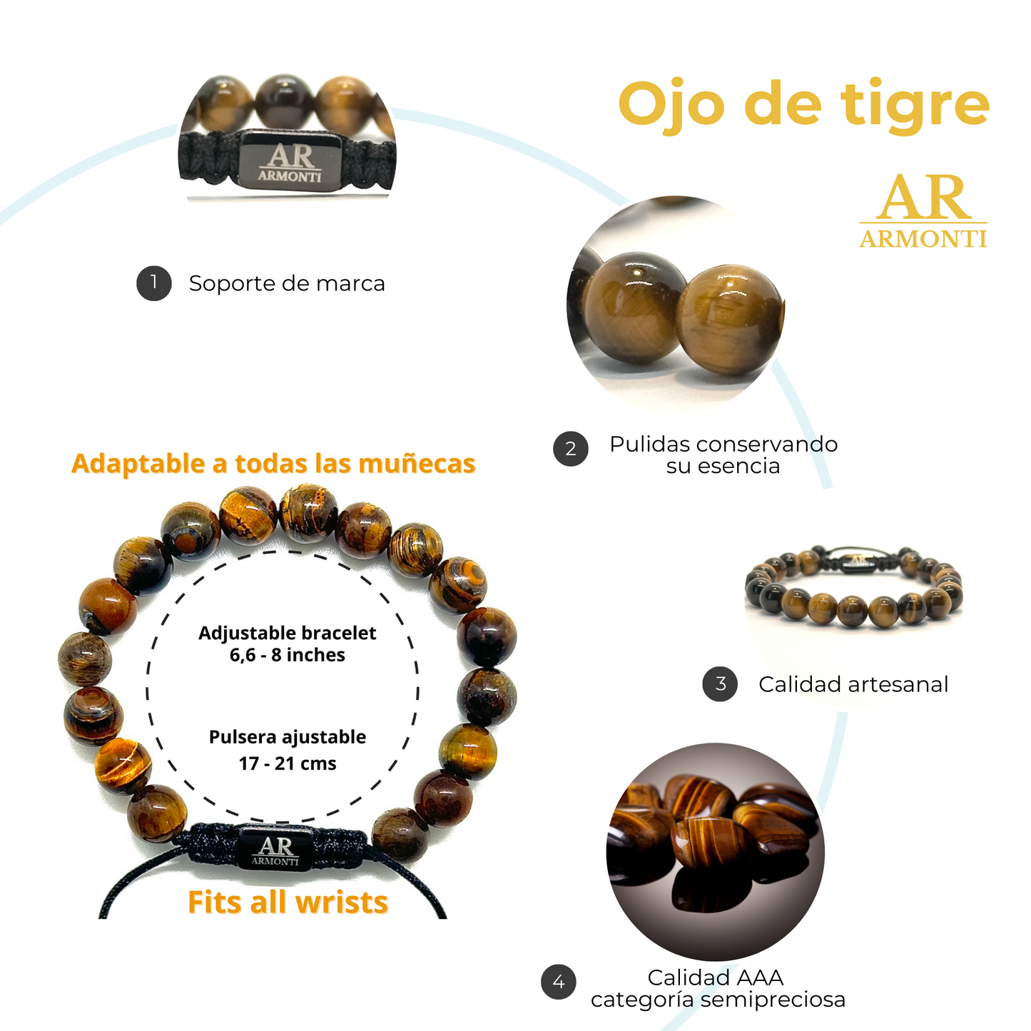 Pulsera de piedra redonda OJO DE TIGRE para hombre