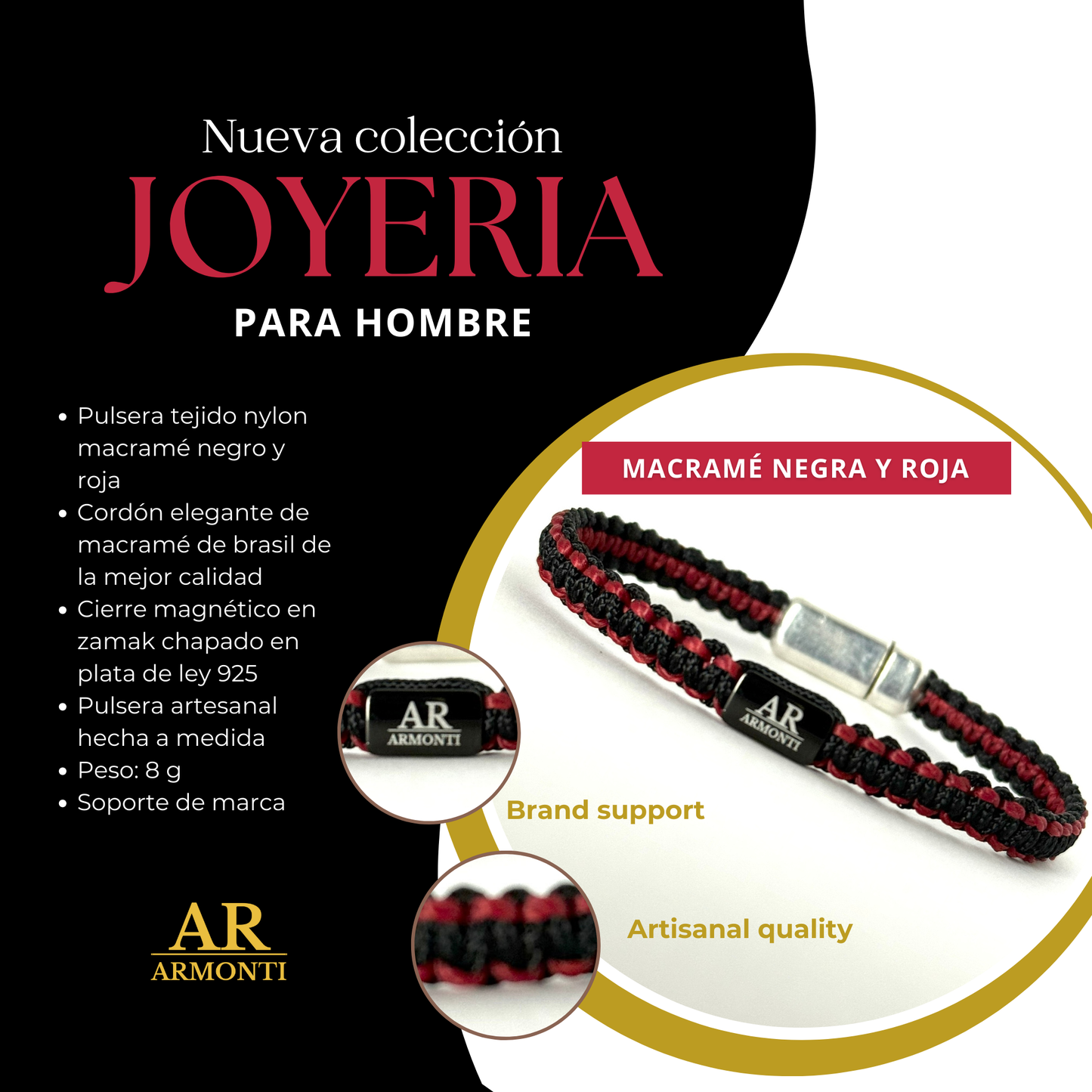 Pulsera MACRAMÉ negra y roja hombre