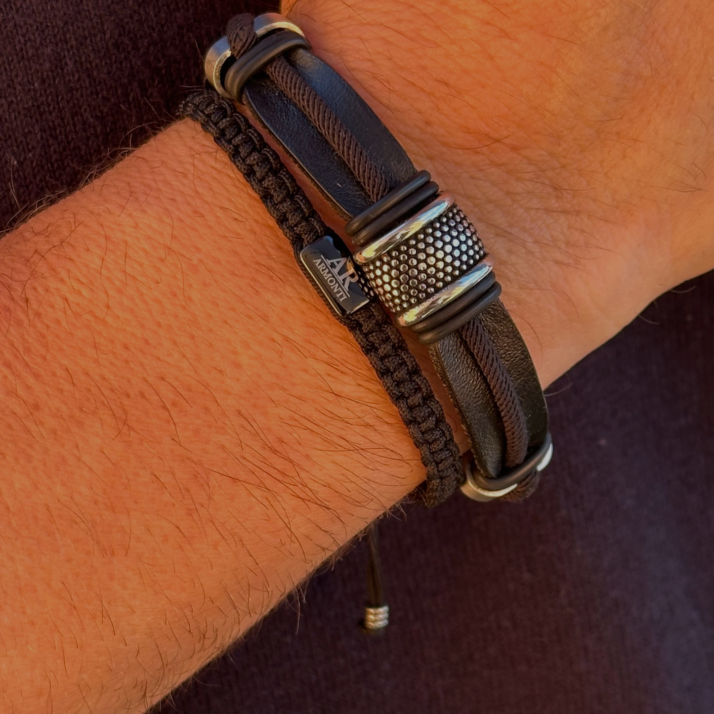 Flat black ADVENTURE men's leather bracelet