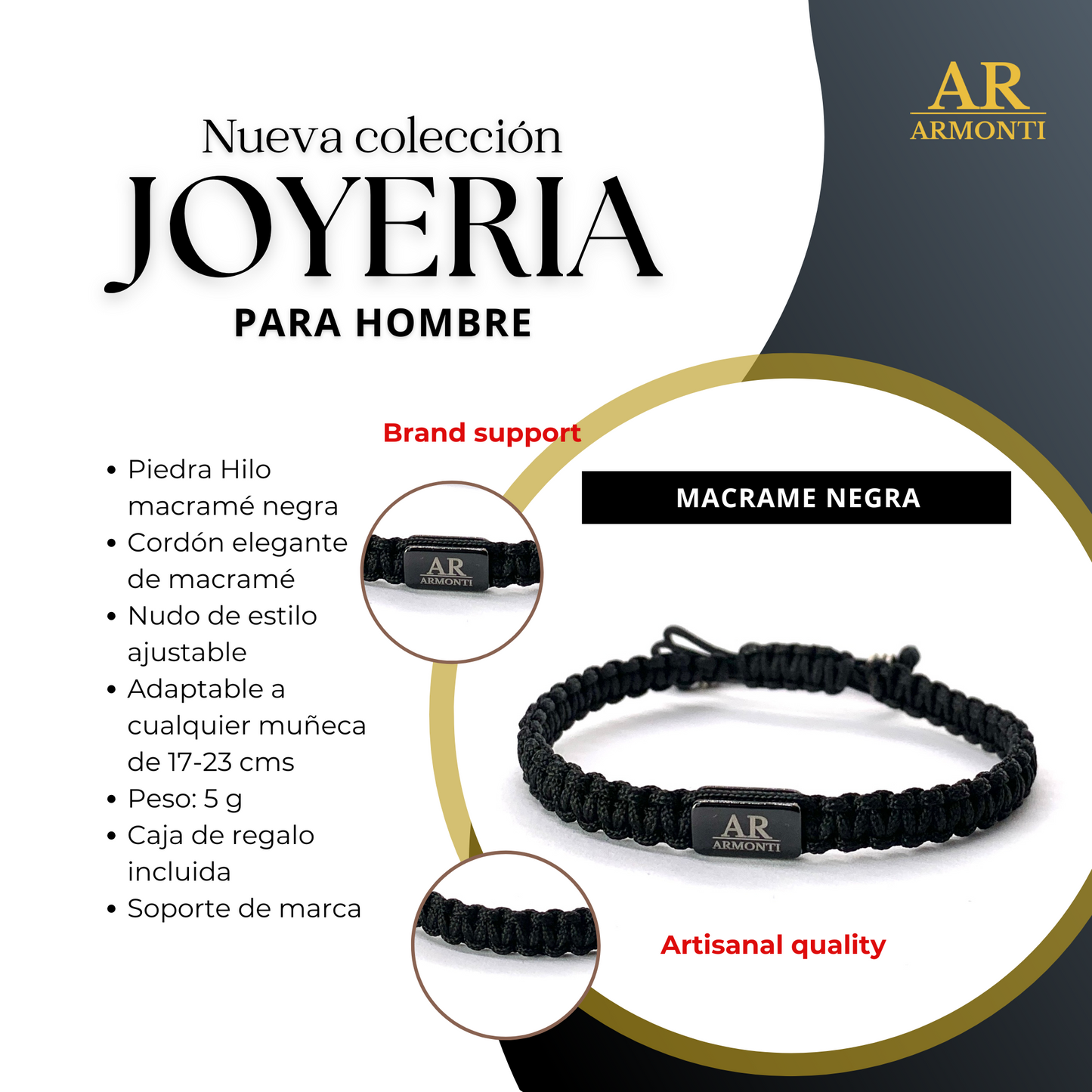 Pulsera cuero negro trenzado con onix matte y macramé: Seguridad y confianza