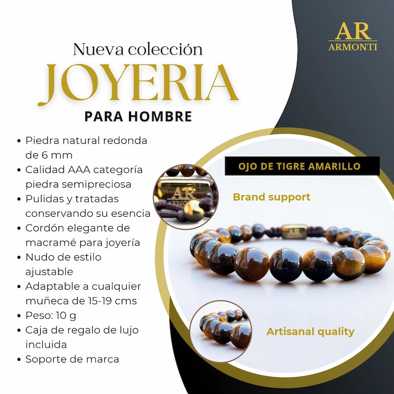 Pulsera de piedra natural Ojo de Tigre amarillo 6mm ajustable para Mujer