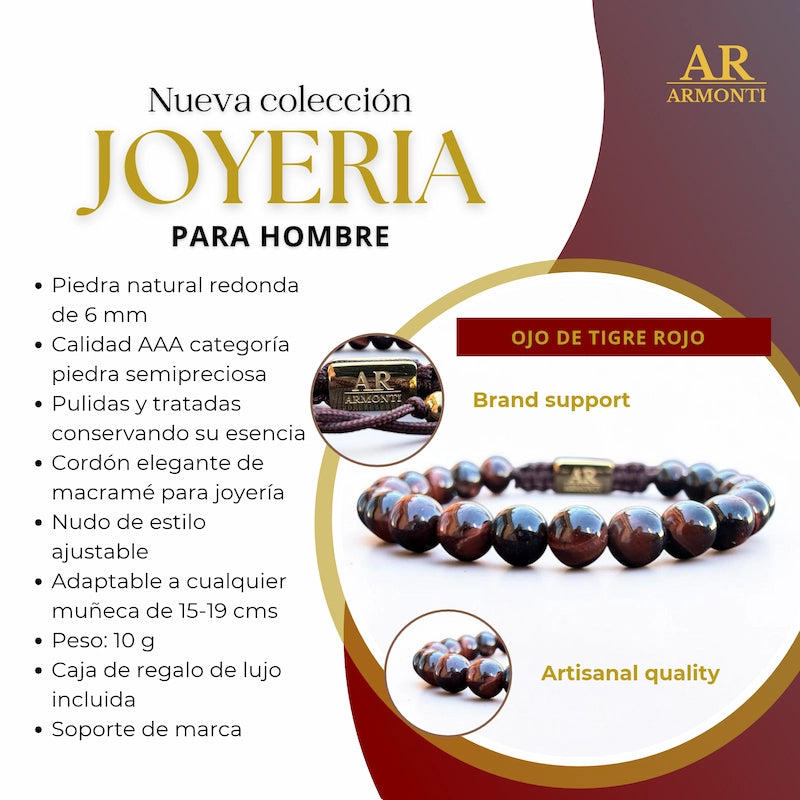 Pulsera de piedra natural Ojo de Tigre Rojo 6mm ajustable para Mujer