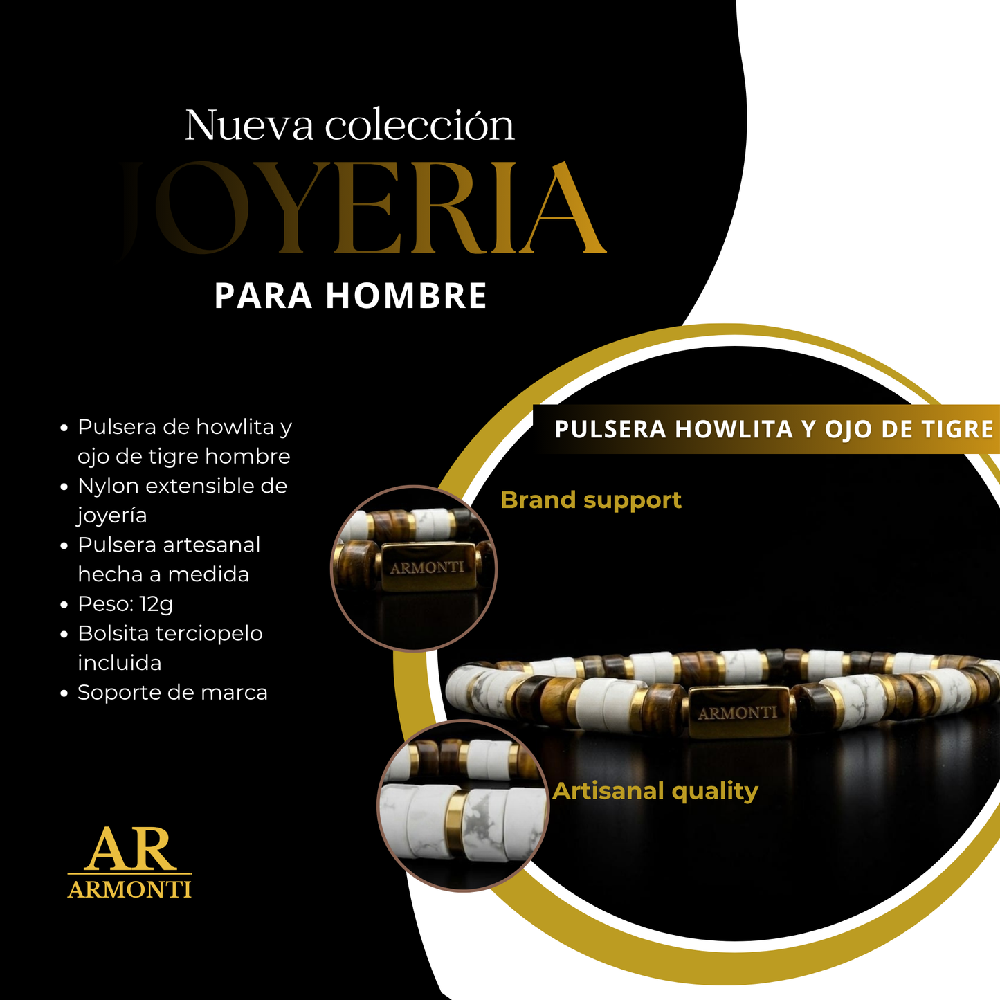 Pulsera cilíndrica howlita y ojo de tigre amarillo hombre