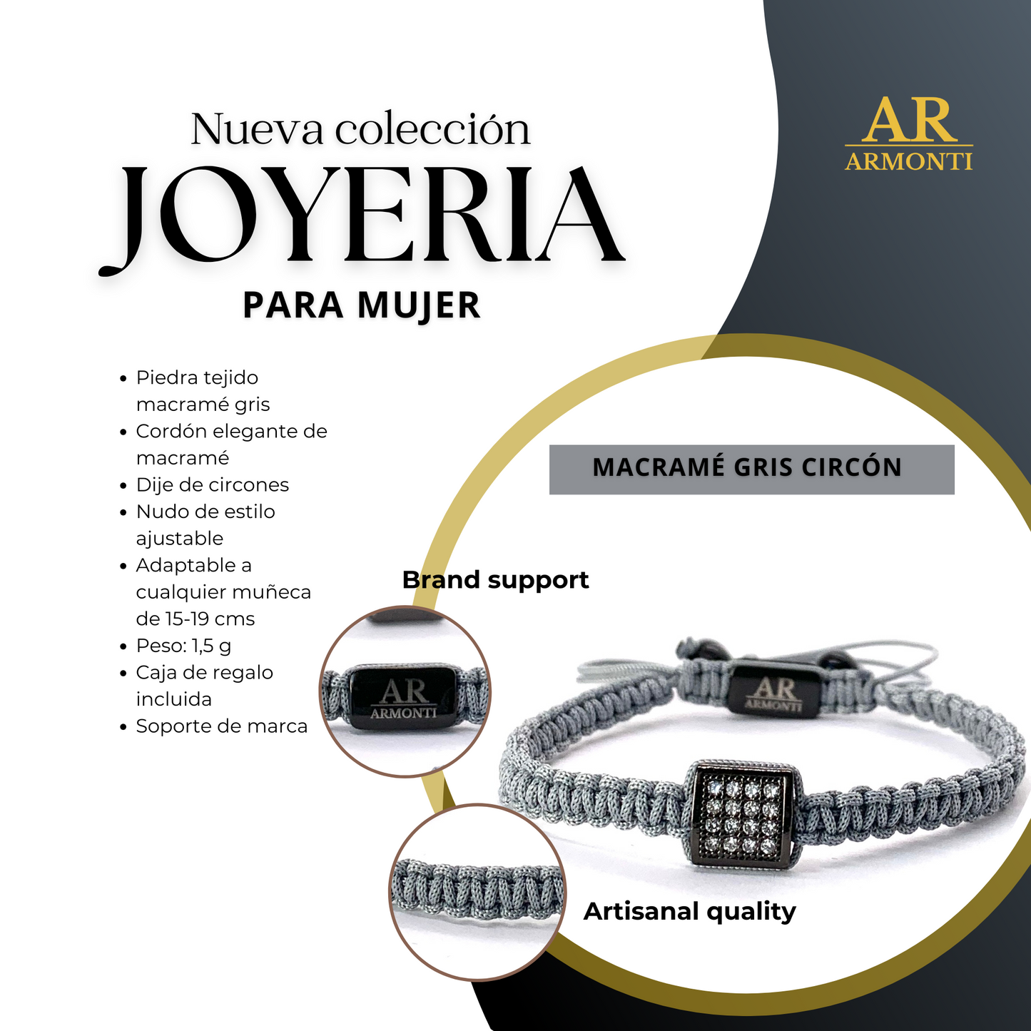 Pulsera gris MACRAMÉ CIRCONITA para mujer