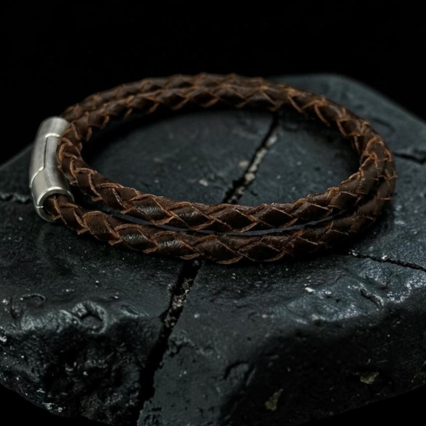 Pulsera cuero trenzado marrón italiano doble para hombre 4mm