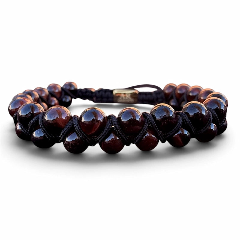 Pulsera de piedra natural ojo de tigre rojo doble 6mm oro 18k para Hombre