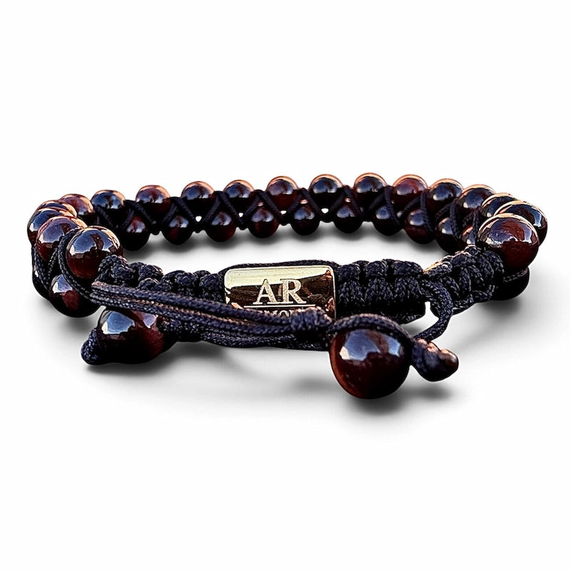 Pulsera de piedra natural ojo de tigre rojo doble 6mm oro 18k para Hombre