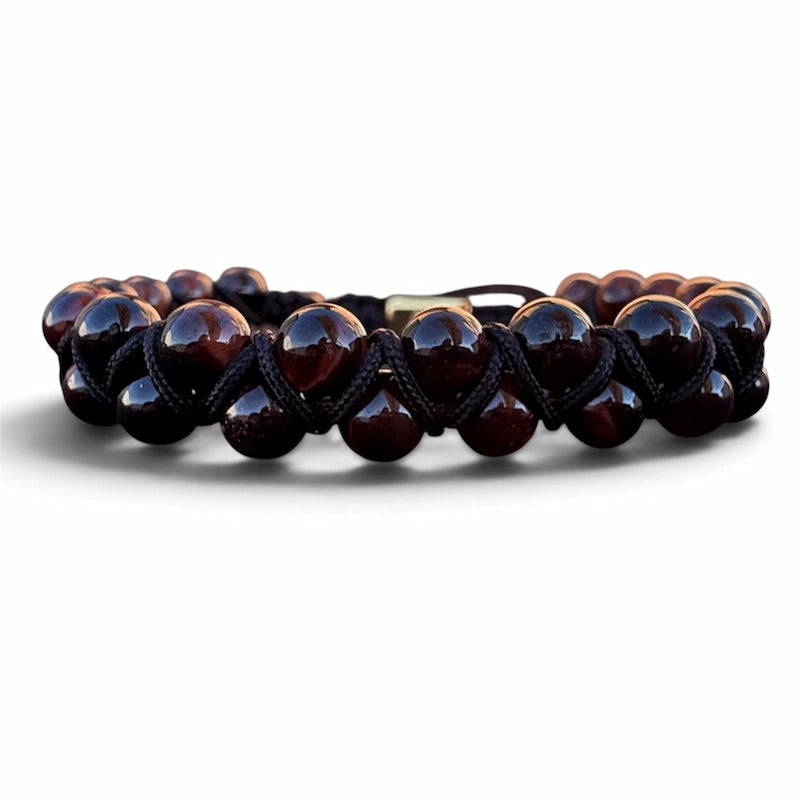 Pulsera de piedra natural ojo de tigre rojo doble 6mm oro 18k para Hombre