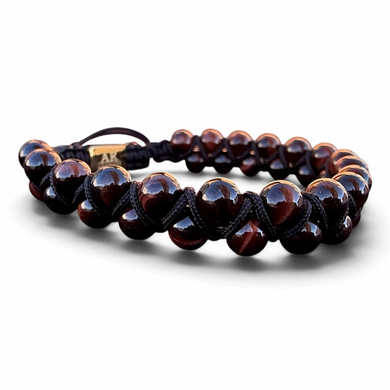 Pulsera de piedra natural ojo de tigre rojo doble 6mm oro 18k para Hombre