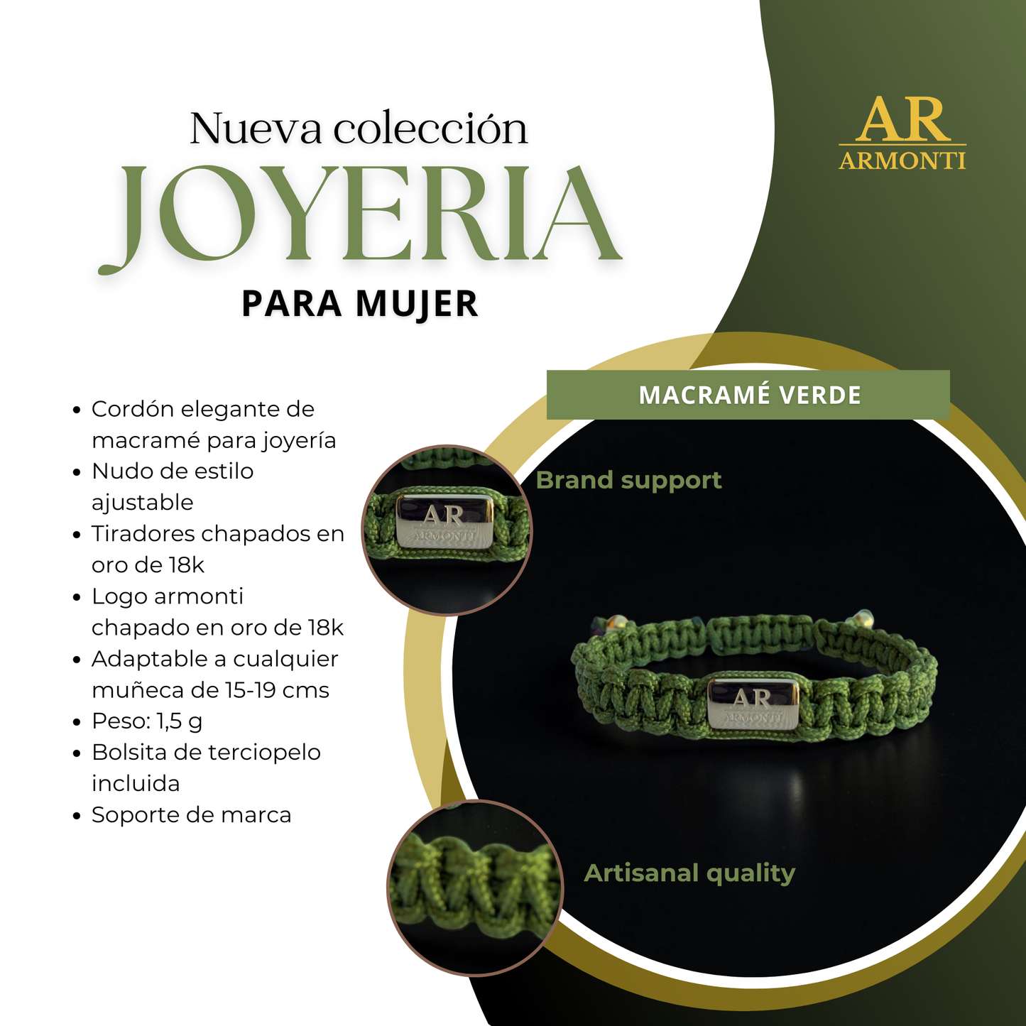 Pulsera verde macramé logo para mujer