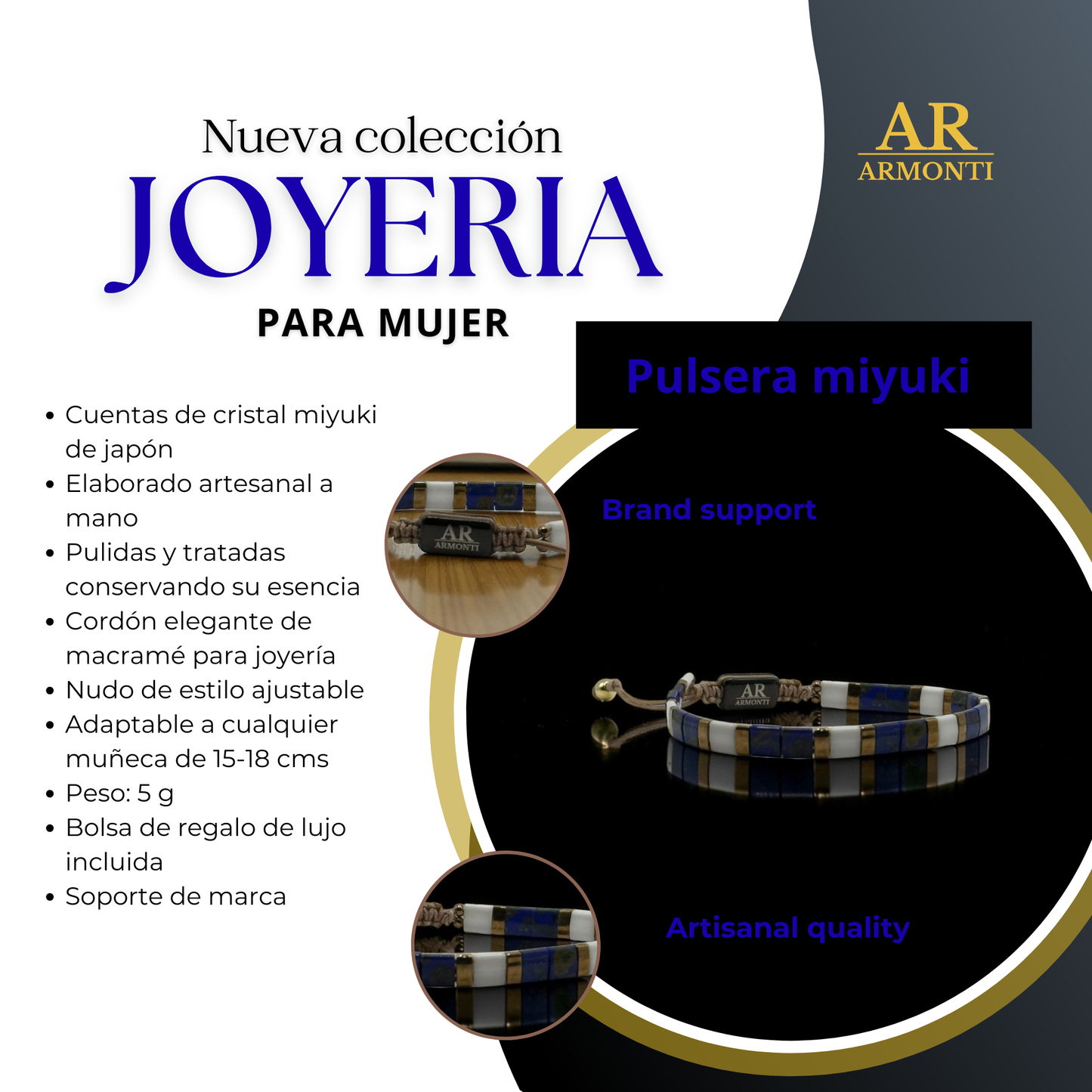 Pulsera miyuki japón cristal azul oscuro y blanco