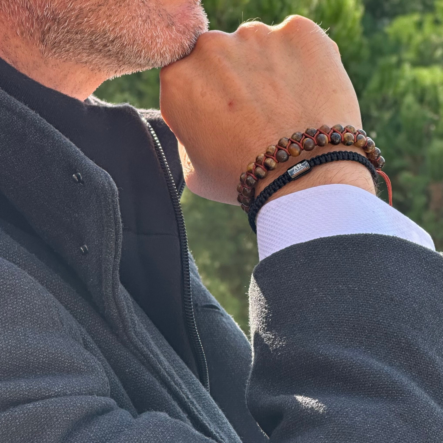 Pulsera doble de piedras redondas OJO DE TIGRE para hombre