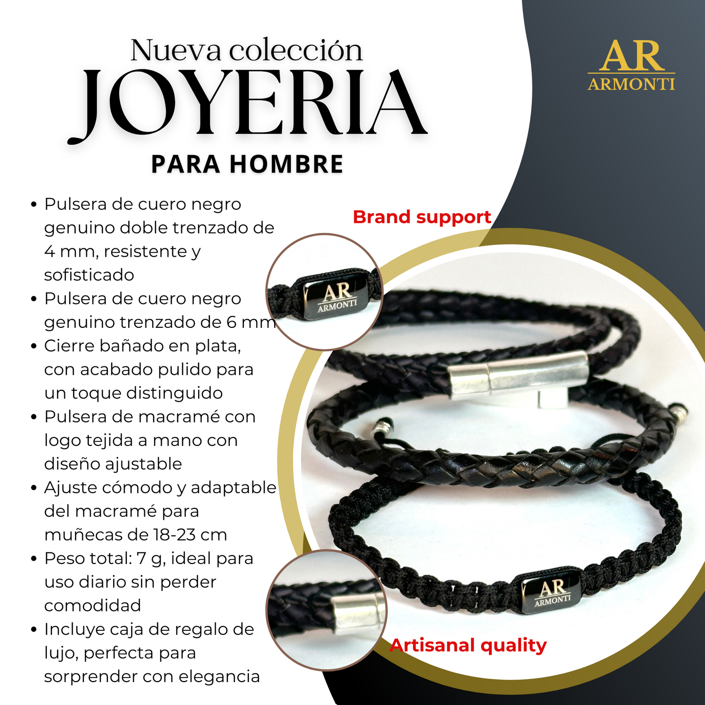 Set de pulseras de cuero negro trenzado y macramé para hombre: Elegancia y estilo atemporal