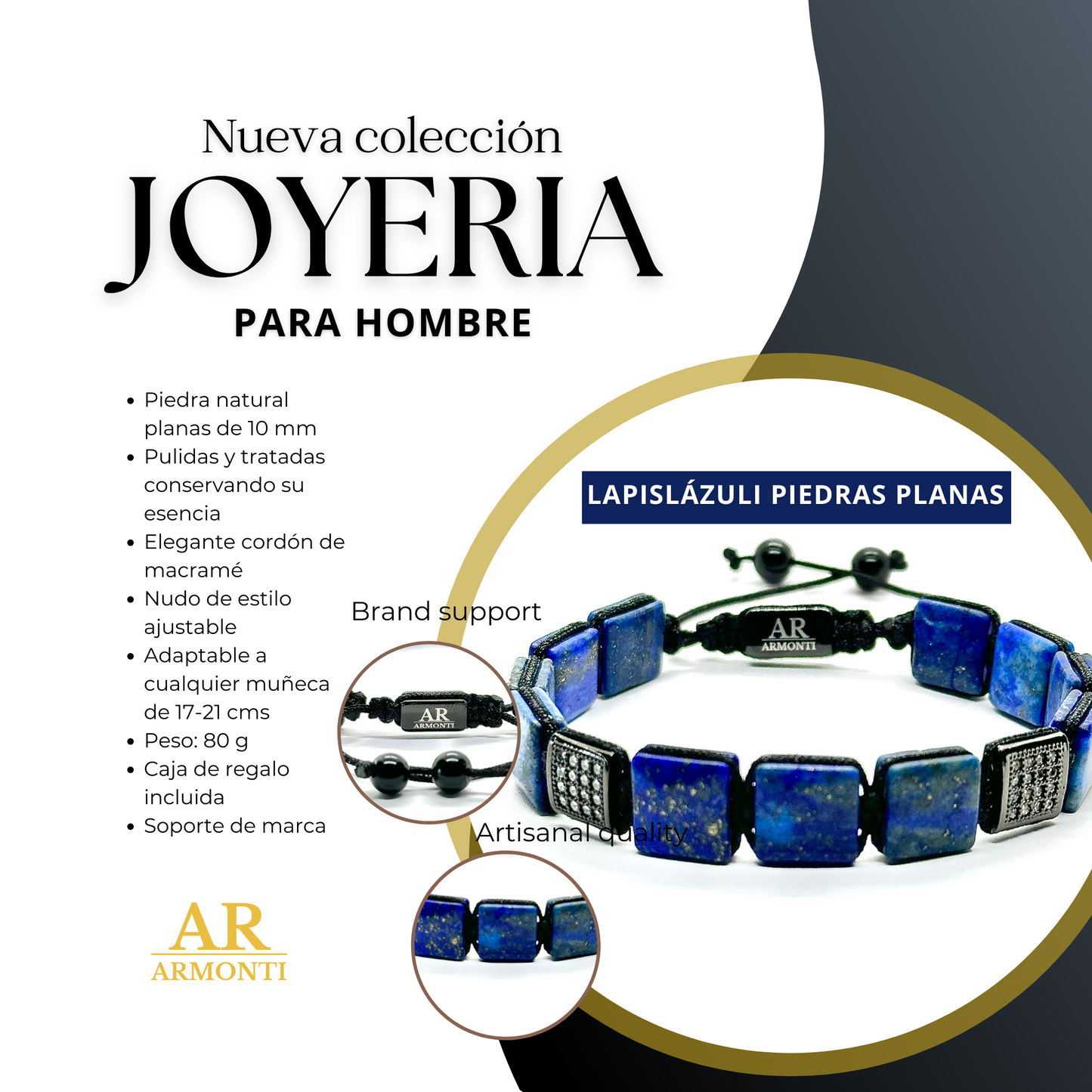 Pulsera de piedras planas LAPISLÁZULI para hombre