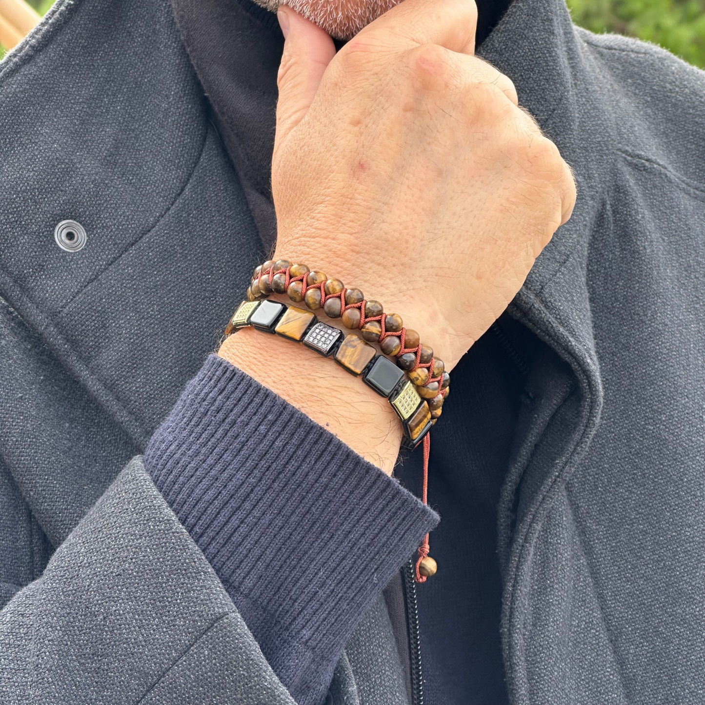 Pulsera doble de piedras redondas OJO DE TIGRE para hombre