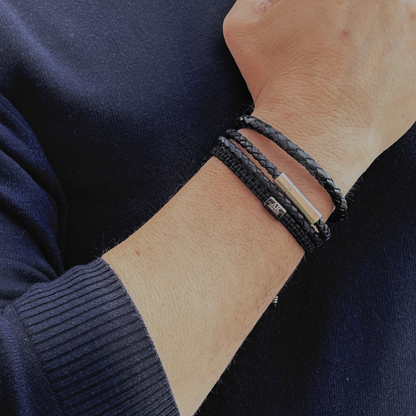 Set de pulseras de cuero negro trenzado y macramé para hombre: Elegancia y estilo atemporal