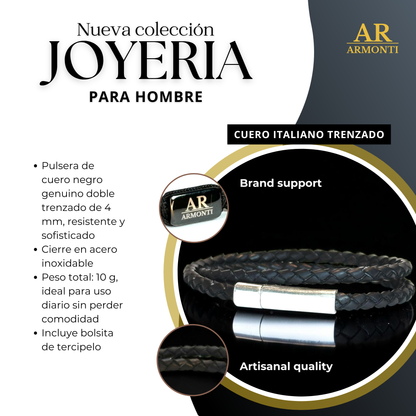 Cuero trenzado negro italiano para hombre 4mm