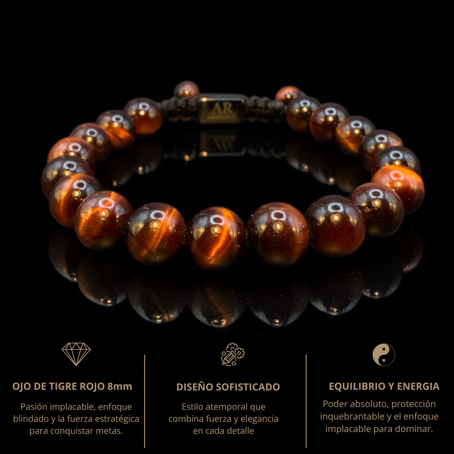 Pulsera de piedra redonda OJO DE TIGRE ROJO para hombre