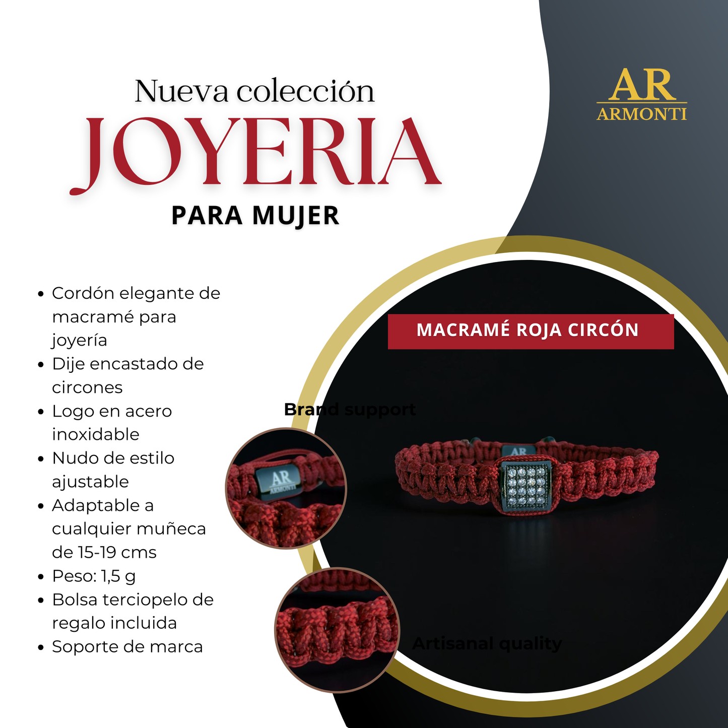 Pulsera roja MACRAMÉ CIRCONITA para mujer