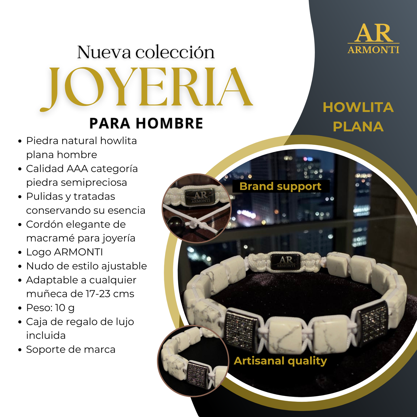 Pulsera piedra natural Howlita hombre