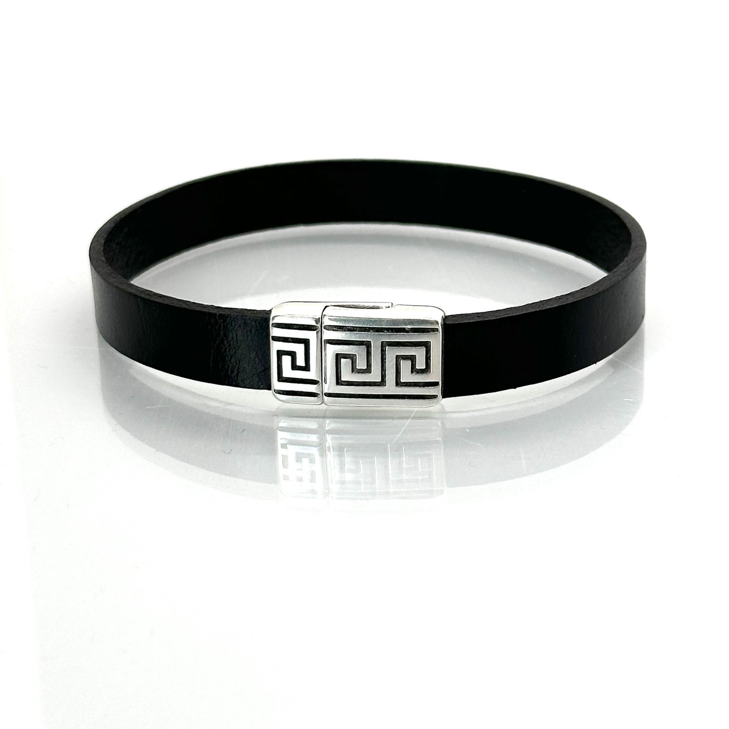 Pulsera Armonti | Joyería Artesanal para hombre | cuero italiano natural plano y plata | cuero plano y plata