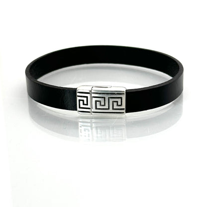 Pulsera Armonti | Joyería Artesanal para hombre | cuero italiano natural plano y plata | cuero plano y plata