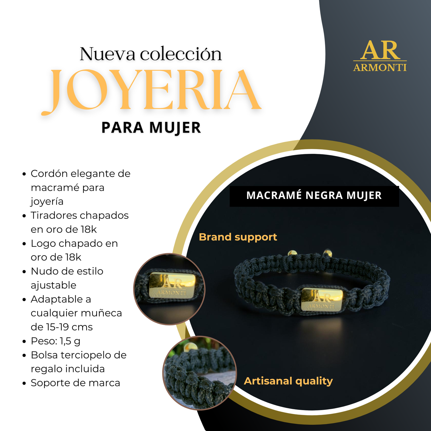 Pulsera negra macramé logo mujer