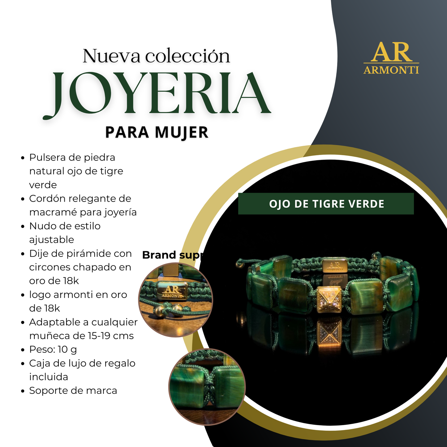 Green tiger's eye FLAT STONE bracelet for women