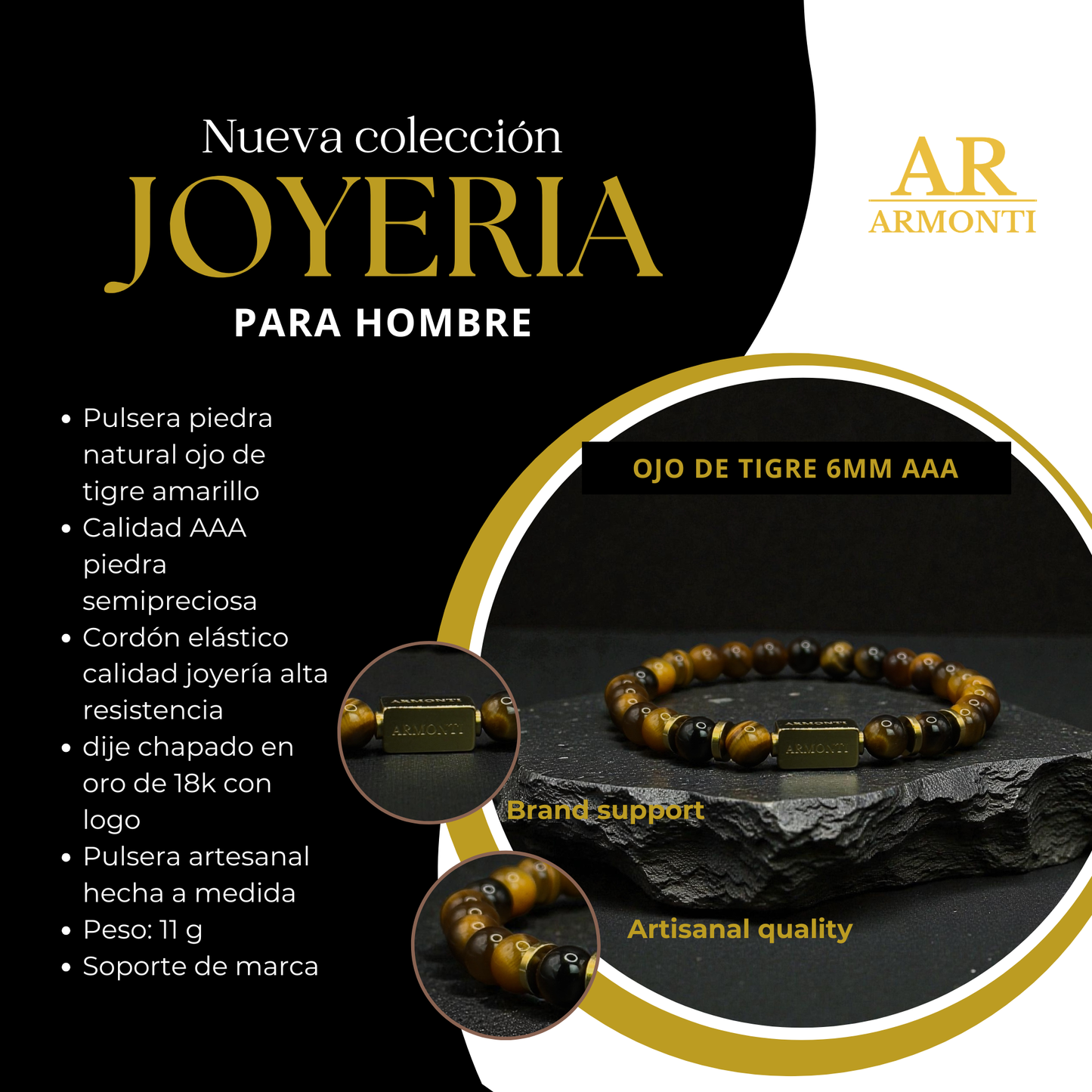 Pulsera de ojo de tigre amarillo 6mm
