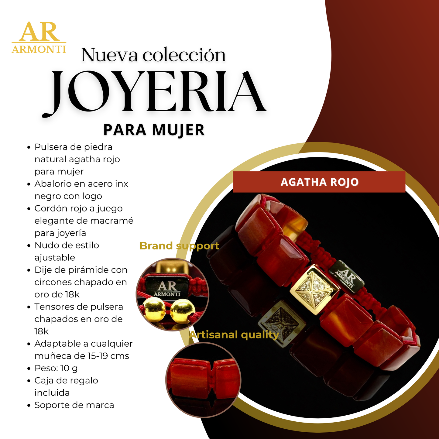 Set Pulsera Ágata Roja y Macramé para mujer
