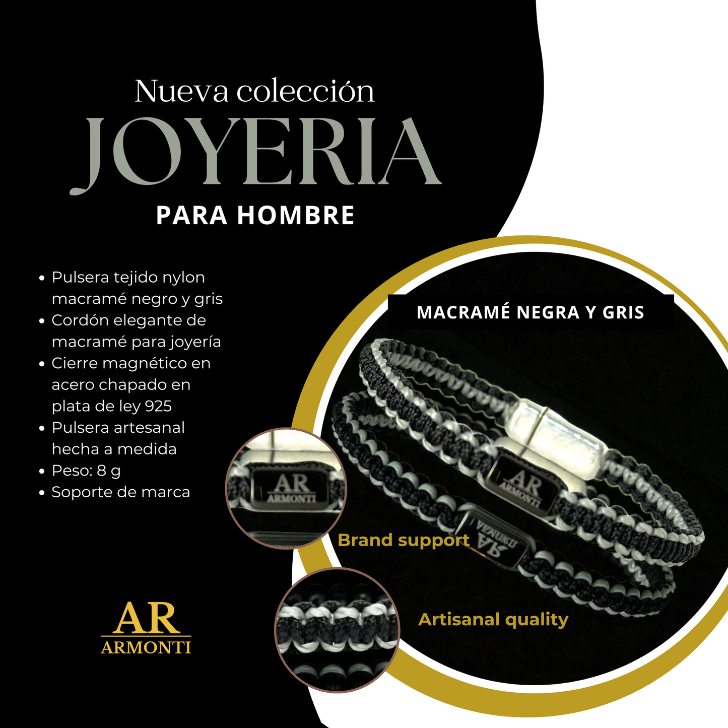 Pulsera MACRAMÉ Negra y gris hombre