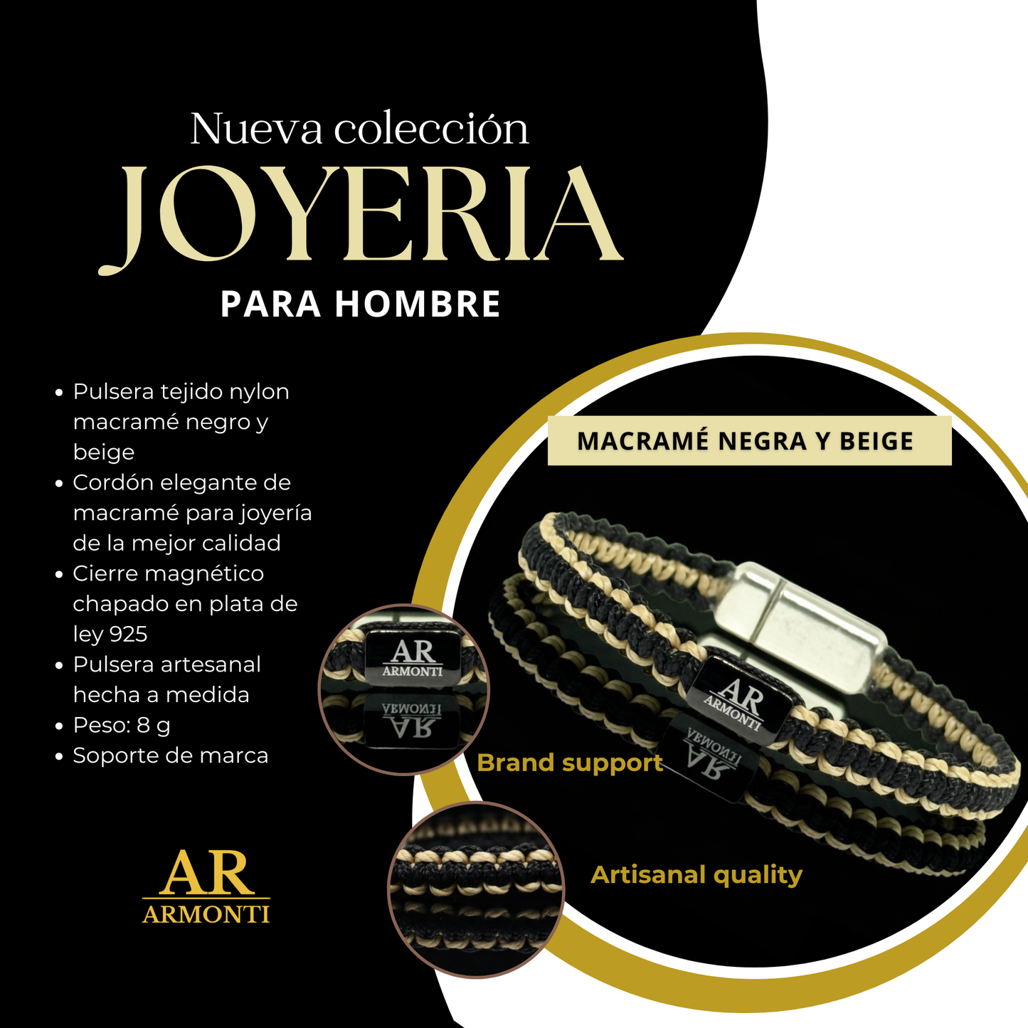 Pulsera MACRAMÉ Negra y beige hombre