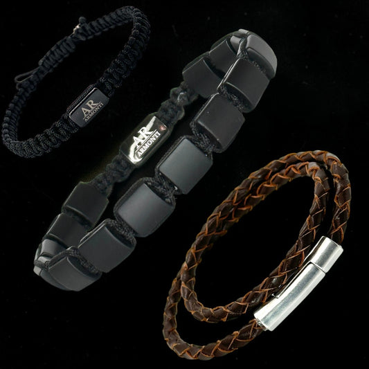 Set cuero marrón, ónix y macramé negro hombre
