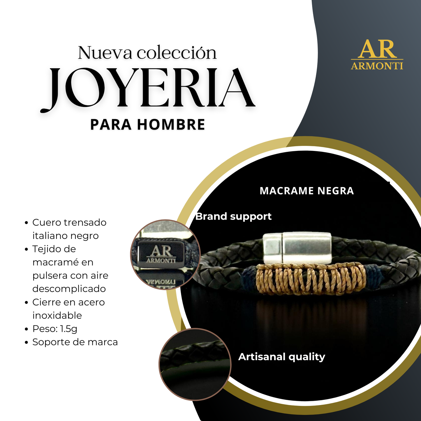 Pulsera en cuero trenzado italiano y macramé de 6mm para hombre