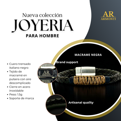 Pulsera en cuero trenzado italiano y macramé de 6mm para hombre