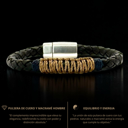 Pulsera en cuero trenzado italiano y macramé de 6mm para hombre