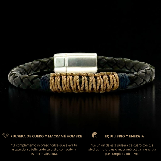 Pulsera en cuero trenzado italiano y macramé de 6mm para hombre