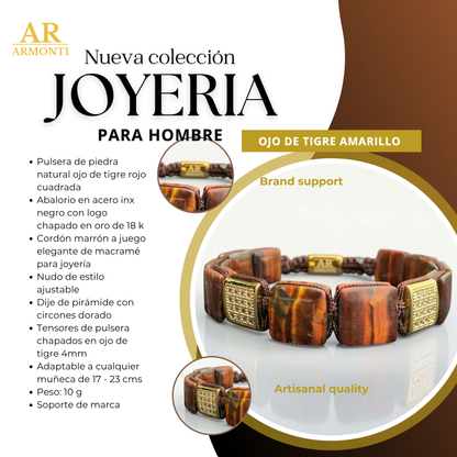 Pulsera de Ojo de Tigre Rojo Cuadrada oro 18k para Hombre