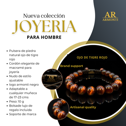 Men's Red Tiger's Eye Round Stone Bracelet