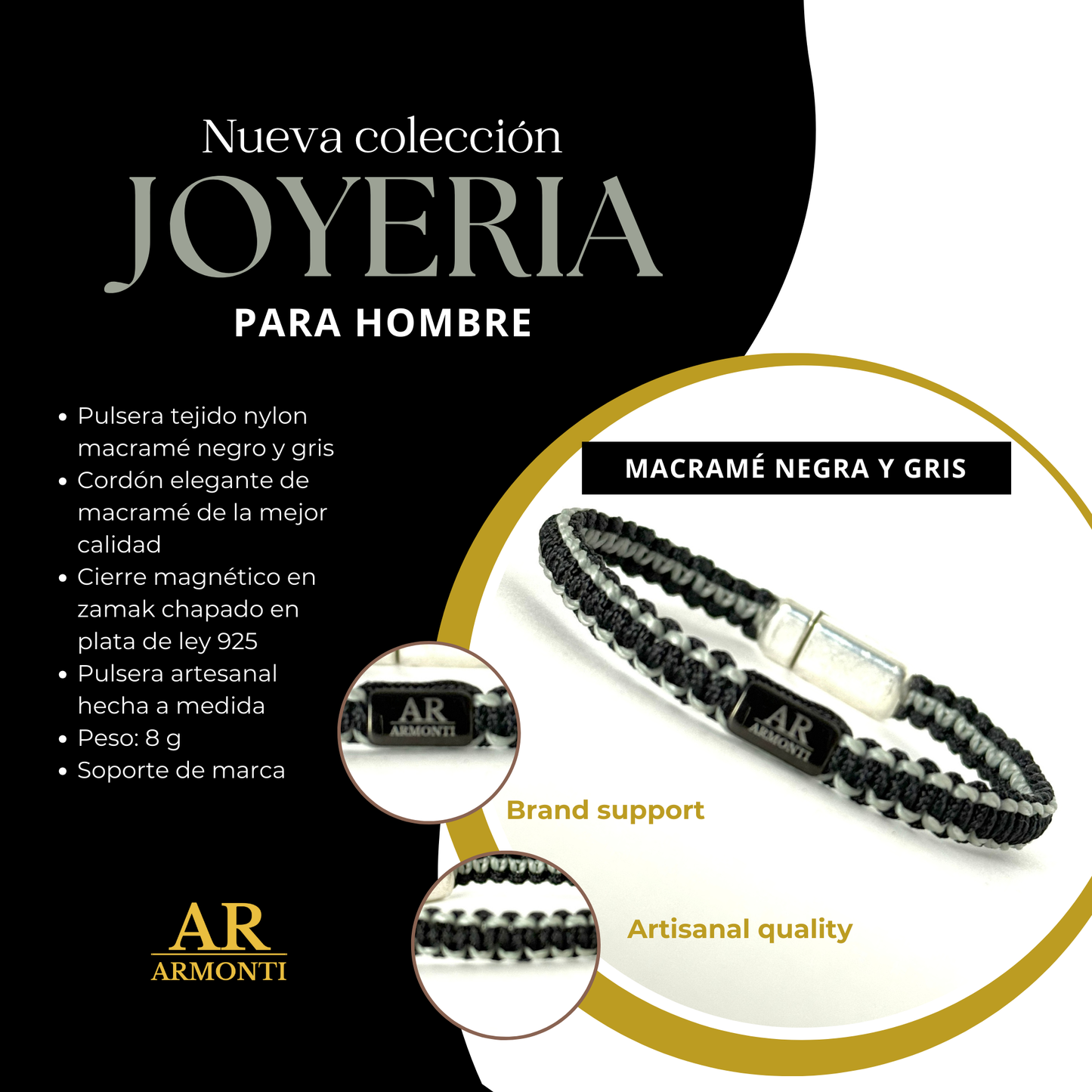 Pulsera MACRAMÉ Negra y gris hombre