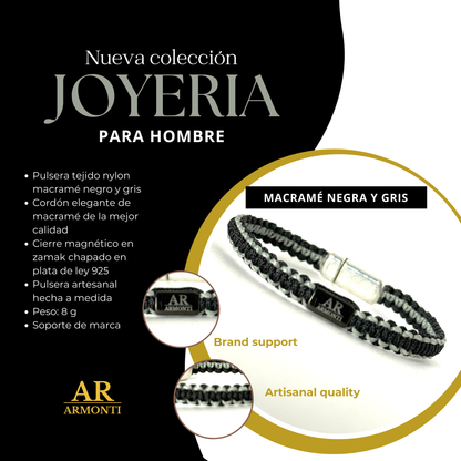 Pulsera MACRAMÉ Negra y gris hombre