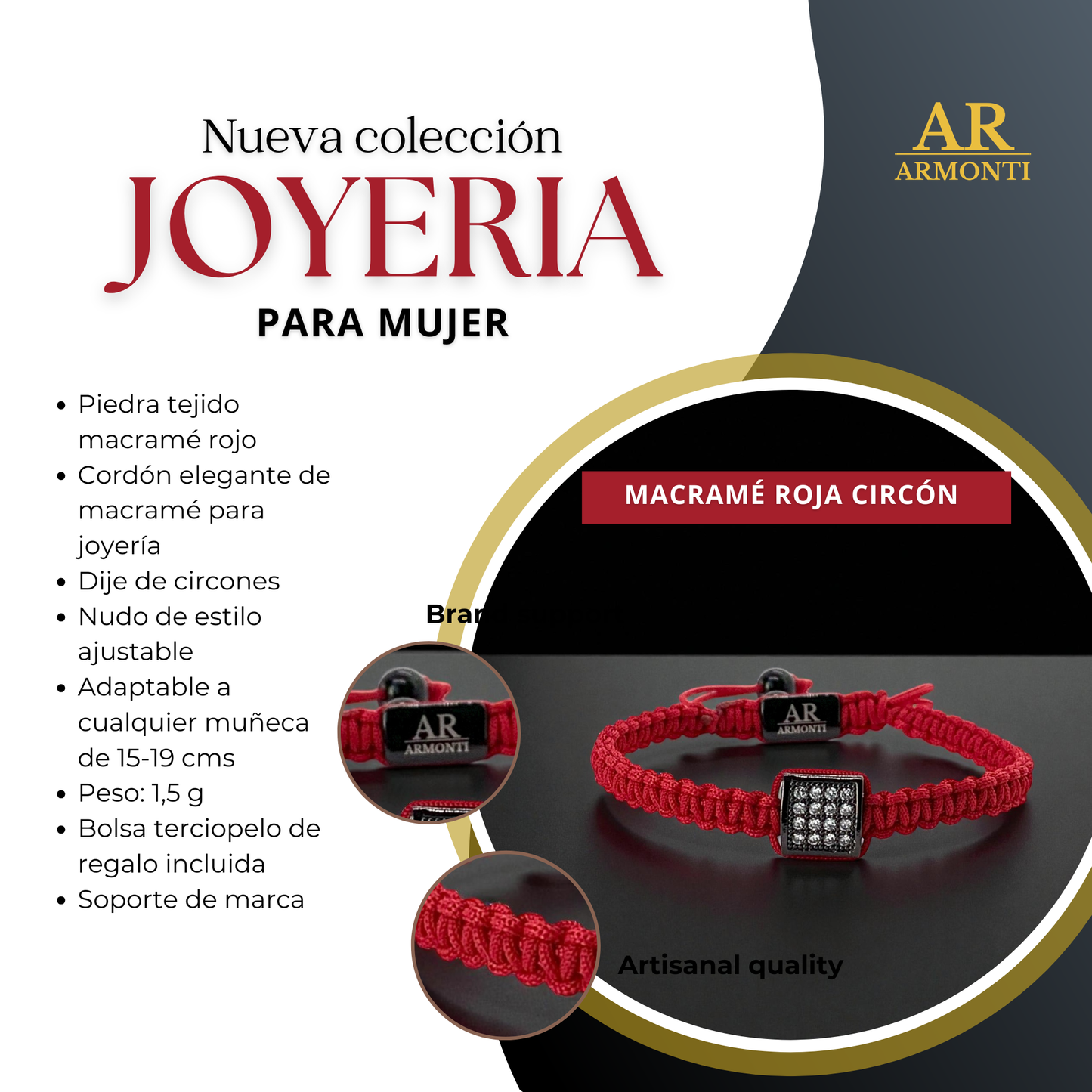 Pulsera roja MACRAMÉ CIRCONITA para mujer