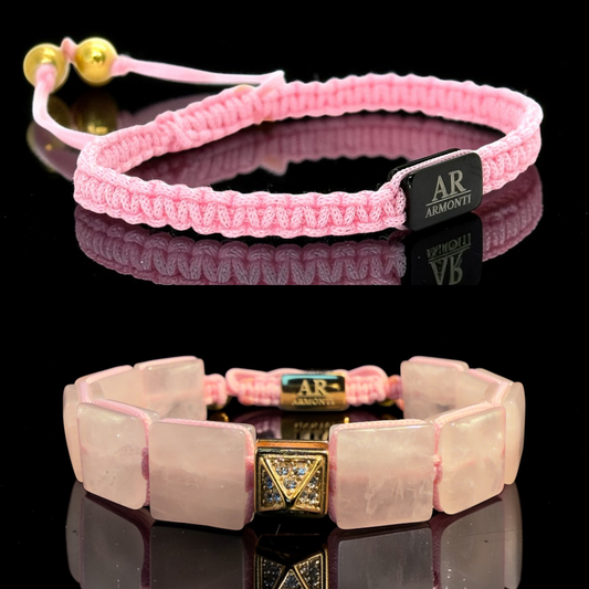 Set Pulsera de Cuarzo Rosa con Macramé mujer