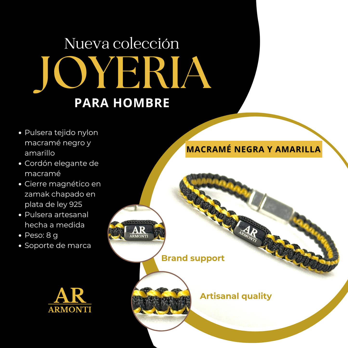 Pulsera MACRAMÉ Negro y amarillo hombre