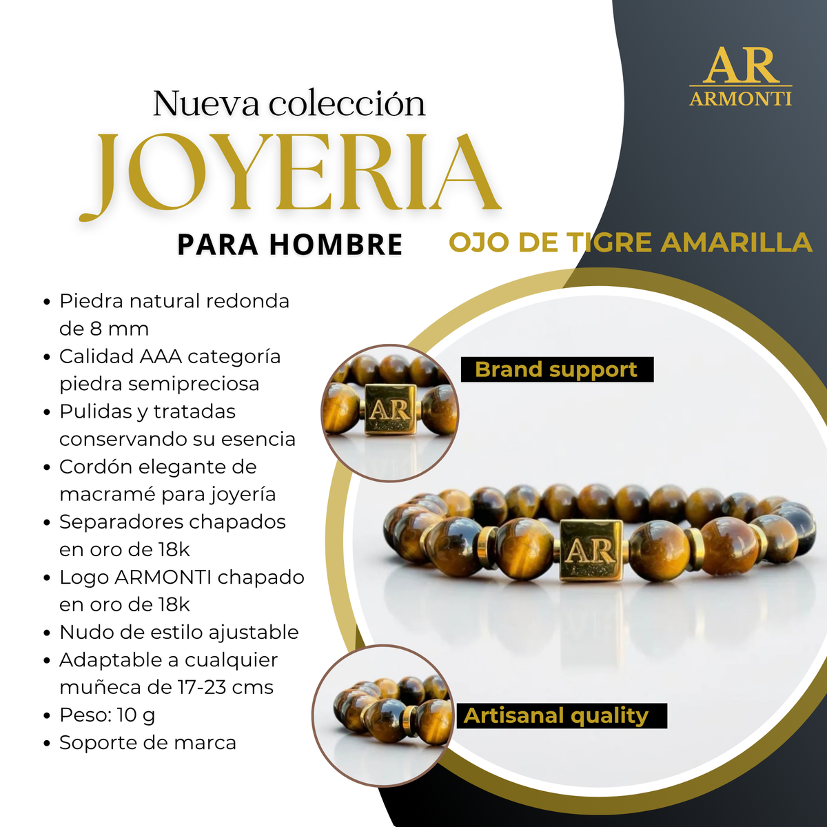 Pulsera de Ojo de Tigre Amarillo Elástica 8mm oro 18k para Hombre