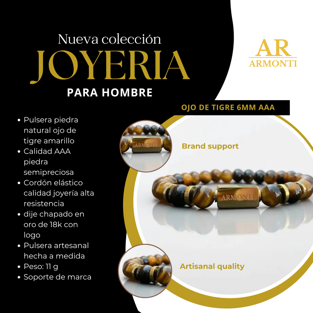 Pulsera de Ojo de Tigre Amarillo Elástica 6mm oro 18k para Hombre